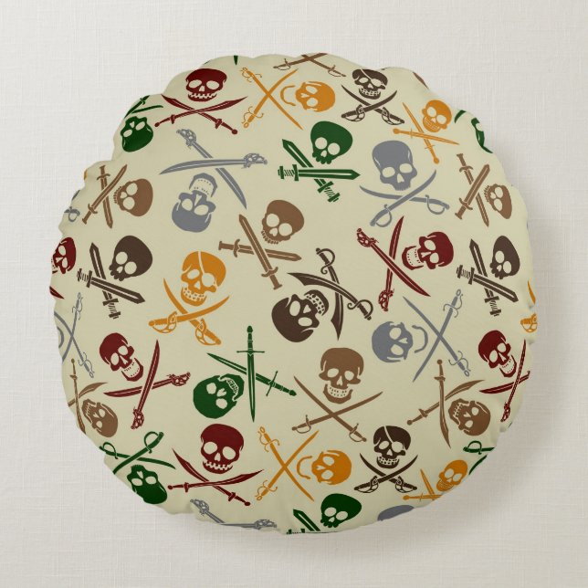 Pirate Skulls with Crossed Swords Round Pillow (Front)