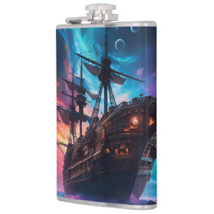 Pirate Space Ship Nebula and Moons Hip Flask