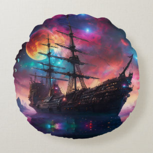Pirate SpaceShip Lands on Another Planet Round Pillow