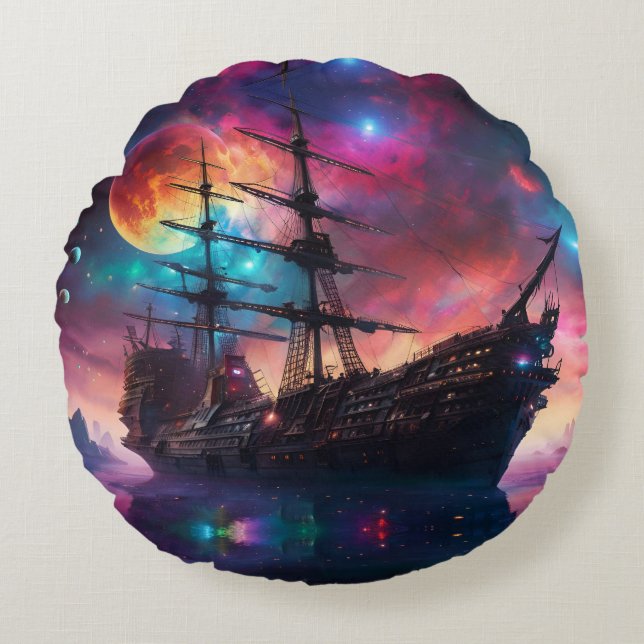 Pirate SpaceShip Lands on Another Planet Round Pillow (Front)