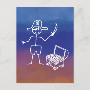 Pirate Stickman With Treasure Chest Watercolor Postcard