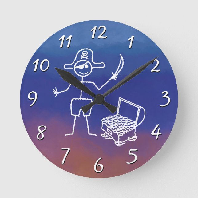Pirate Stickman With Treasure Chest Watercolor Round Clock (Front)