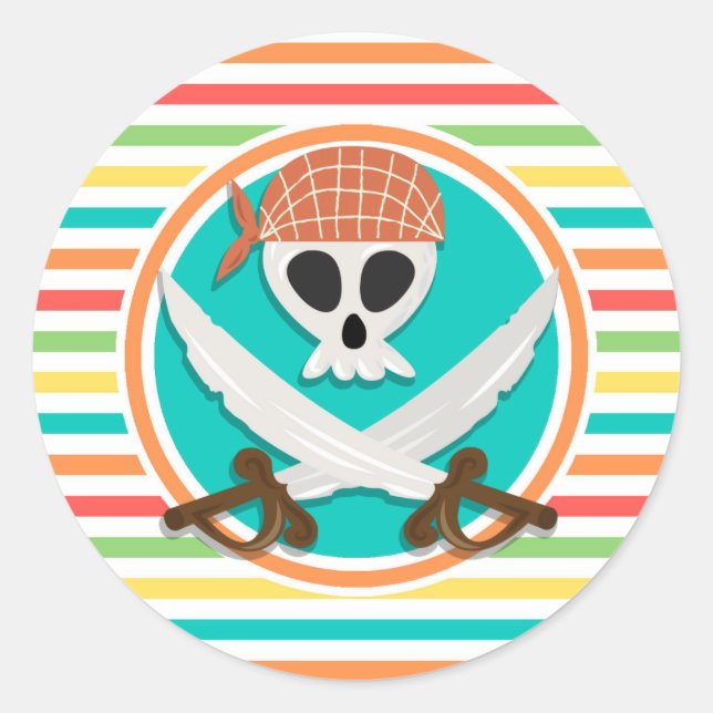 Pirate Swords; Bright Rainbow Stripes Classic Round Sticker (Front)
