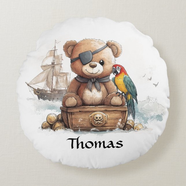 Pirate Teddy Bear Adventure - Customizable Round Pillow (Front)