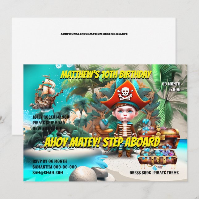 Pirate theme birthday boy swashbuckling arrr party invitation (Front/Back)