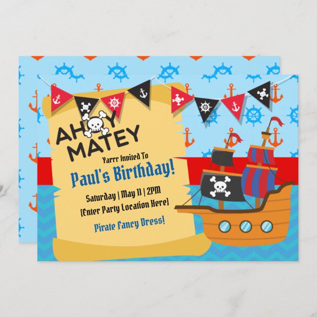 Pirate Theme Birthday Invitations (Front/Back)