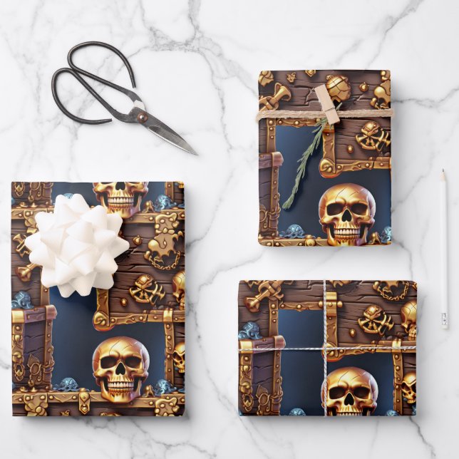 Pirate theme birthday skull 3D skeleton chest Wrapping Paper Sheet (Front)