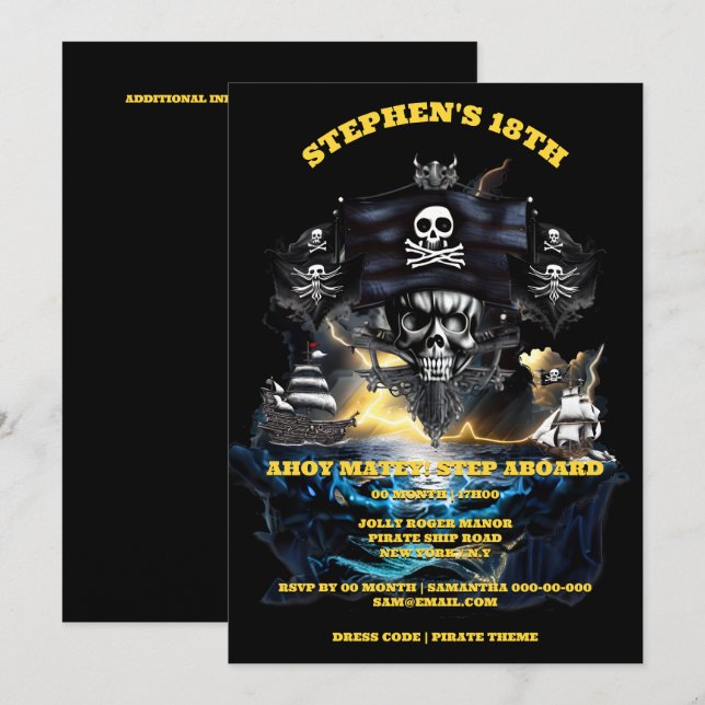 Pirate theme jolly roger ahoy matey skull party invitation (Front/Back)