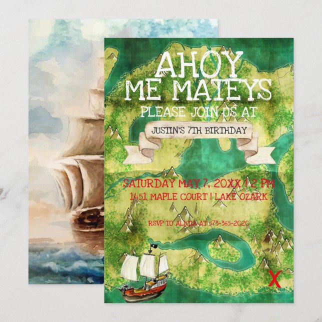 Pirate Theme Party | Watercolor Treasure Map Invitation (Front/Back)