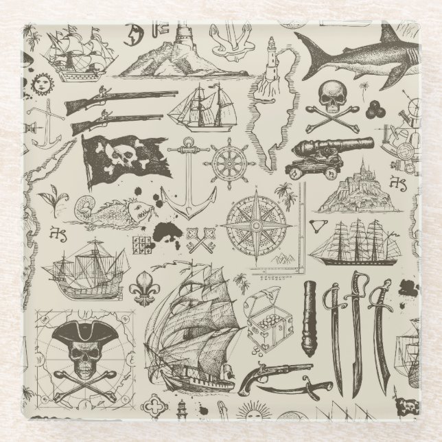 Pirate theme: vintage nautical pattern. glass coaster (Front)