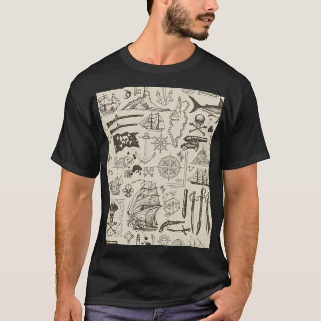 Pirate theme: vintage nautical pattern. T-Shirt (Front)