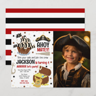 Pirate Themed Ahoy Jolly Roger Boy Photo Birthday  Invitation