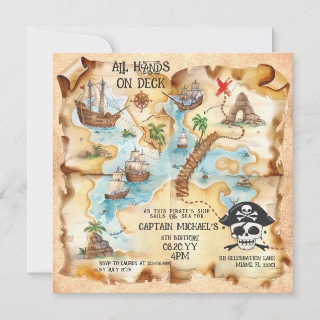 Pirate Themed Treasure Map Birthday Party Invitation (Front)
