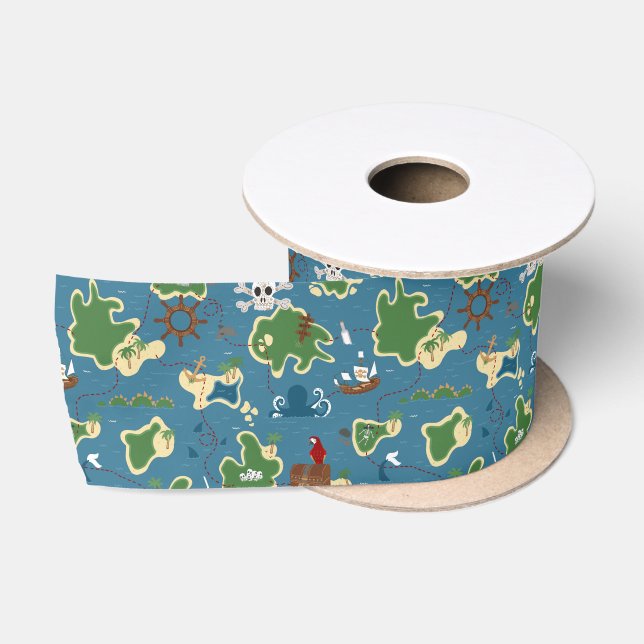 Pirate Treasure Map Ocean Adventure Blue Satin Ribbon (Spool)
