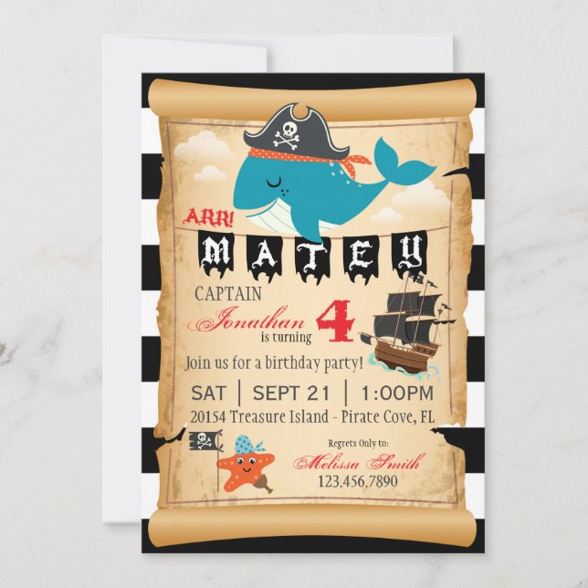 Pirate Whale and Starfish Birthday Invitations (Front)