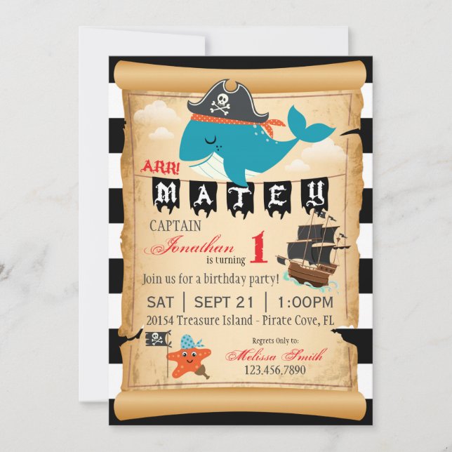 Pirate Whale and Starfish Birthday Invitations (Front)