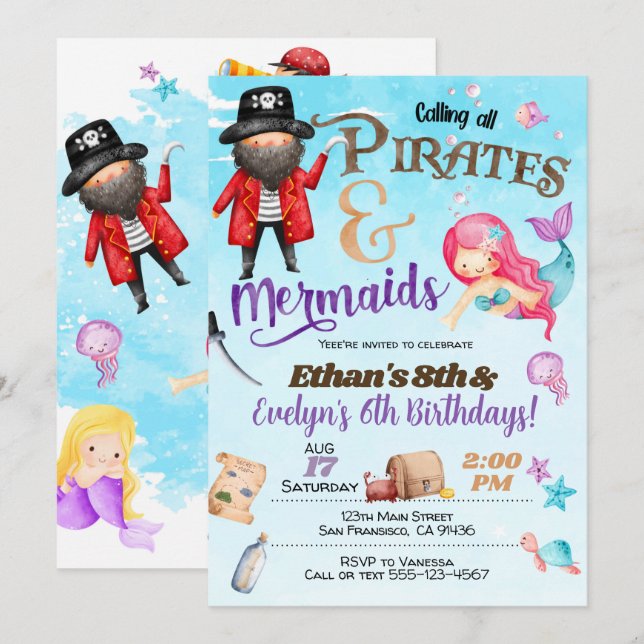 Pirates and Mermaid Birthday Invitation (Front/Back)