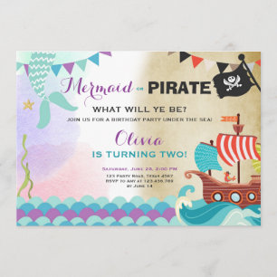 Pirates et sirènes invitation d'anniversaire Fille
