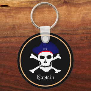 Pirates Flag & Ship Captain, Skull in Hat / Black Keychain