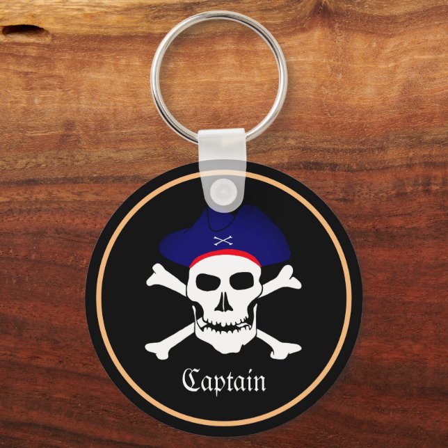 Pirates Flag & Ship Captain, Skull in Hat / Black Keychain (Front)