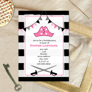 Pirate's Hat + Swords Birthday Party Invite - Pink