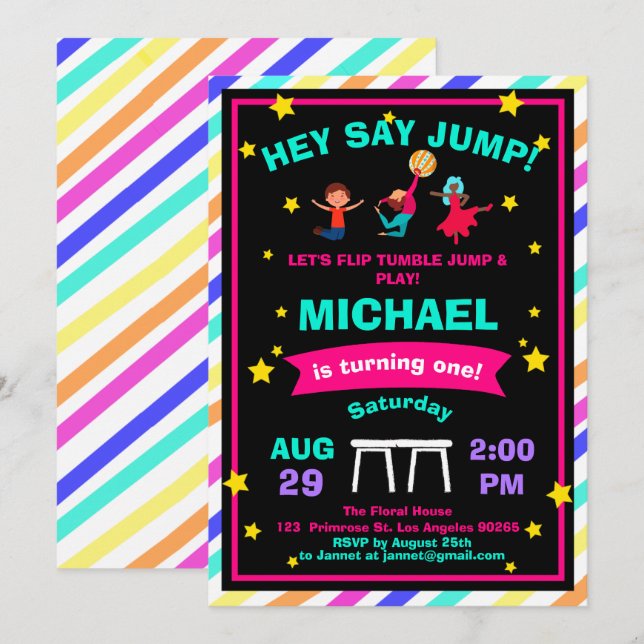 Pirouette Cute Gymnastics Jump & Play Birthday Invitation (Front/Back)