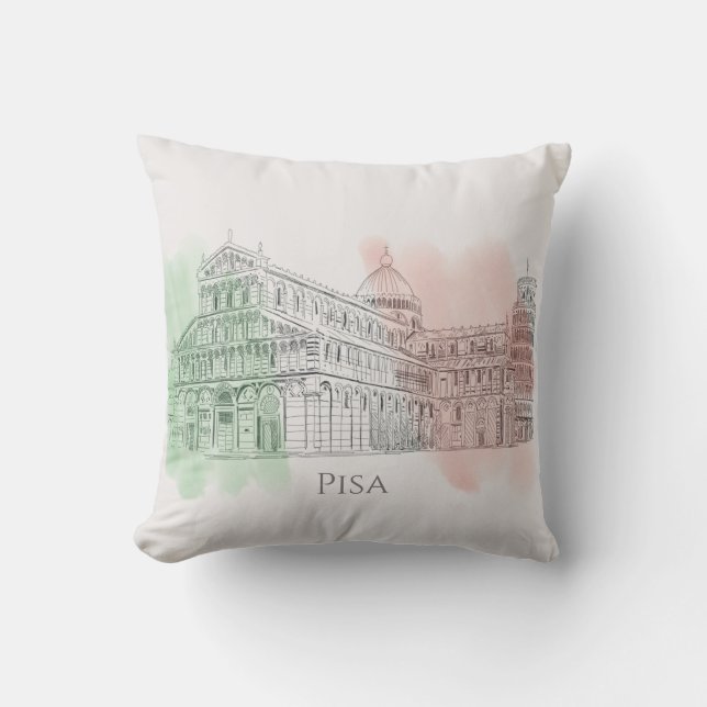 Pisa Italy Leaning Tower Pen and Ink Drawing Throw Pillow (Front)