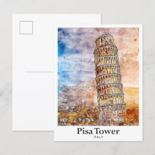 Pisa Tower Italy Travel Watercolor Hand Drawn Postcard