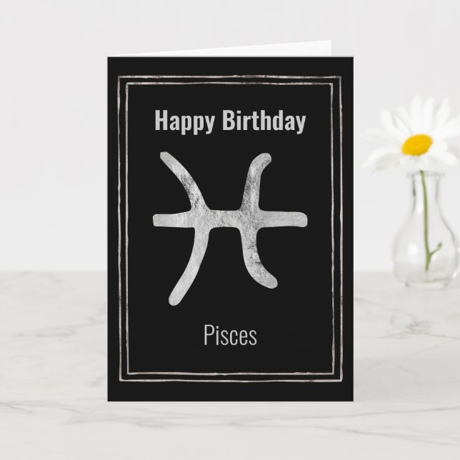 Pisces astrology zodiac silver Happy Birthday Card (Small Plant)