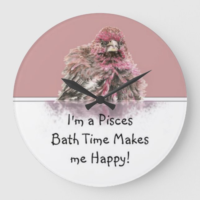Pisces Bath Time Makes me Happy, Cute Bathing Bird Large Clock (Front)