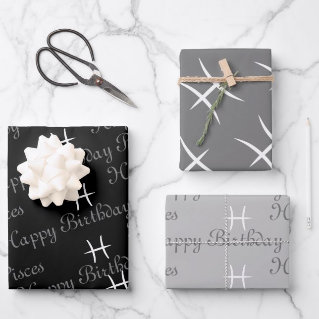 Pisces Birthday Grey/Black Wrapping Paper Sheet (Front)