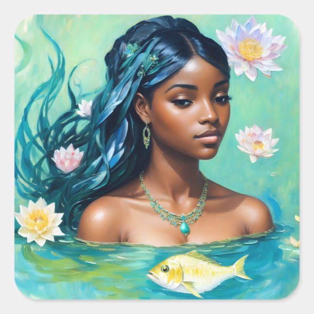 Pisces Black Girl Aquamarine Art Square Sticker (Front)