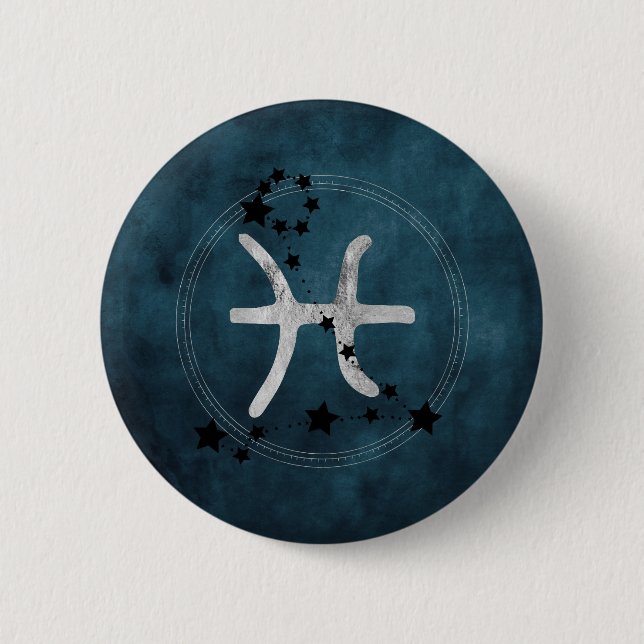 Pisces black & silver zodiac constellation teal 2 inch round button (Front)