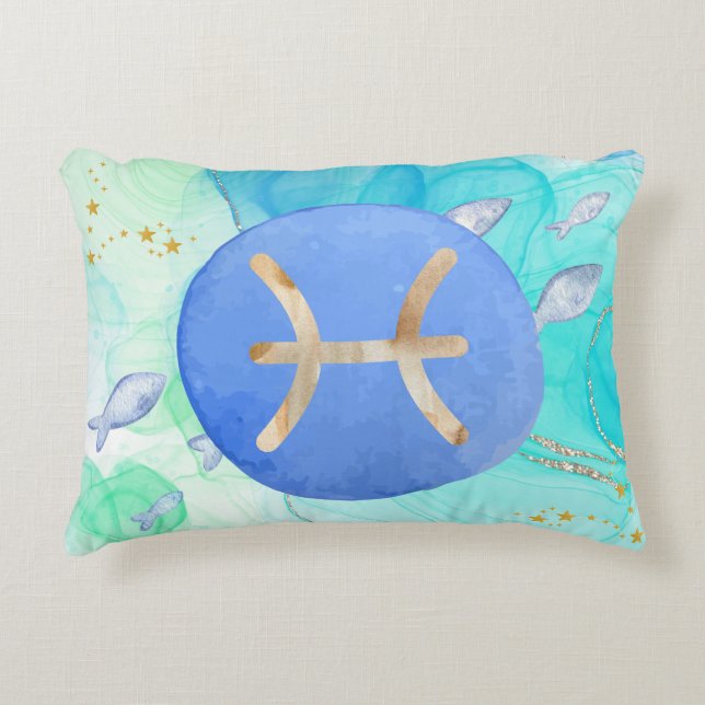 Pisces Blue Green Watercolour Astrology Zodiac Accent Pillow (Front)