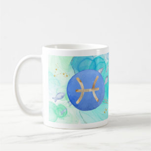 Pisces Blue Green Watercolour Astrology Zodiac Sig Coffee Mug