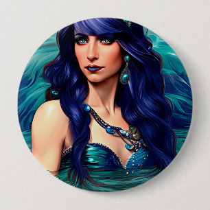 Pisces Blue Mermaid Queen Original Fantasy art 4 Inch Round Button