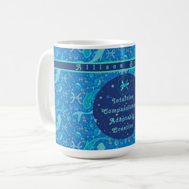 Pisces Blues Personalized Zodiac Traits Coffee Mug (Front Left)