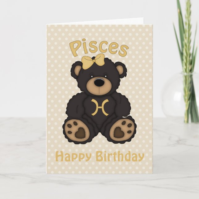 Pisces Brown Bear Happy Birthday Card (Front)