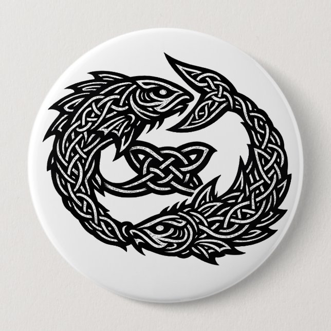 Pisces Celtic Twin‑Current Sigil | BurnsInHell Ink 4 Inch Round Button (Front)