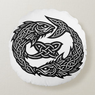Pisces Celtic Twin‑Current Sigil BurnsInHell Ink Round Pillow