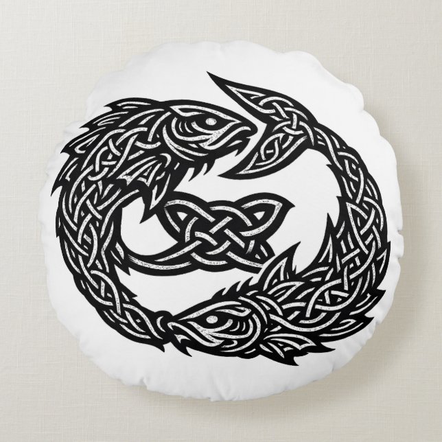 Pisces Celtic Twin‑Current Sigil | BurnsInHell Ink Round Pillow (Front)