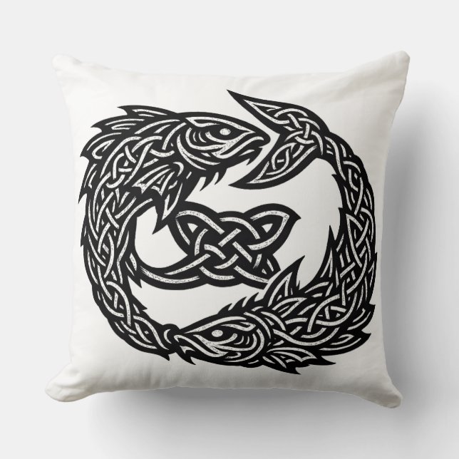 Pisces Celtic Twin‑Current Sigil | BurnsInHell Ink Throw Pillow (Front)