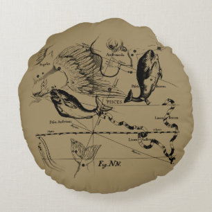 Pisces Constellation Hevelius 1690 on Taupe Round Pillow