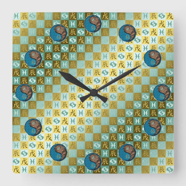 Pisces & Earth Dragon Square Wall Clock (Front)