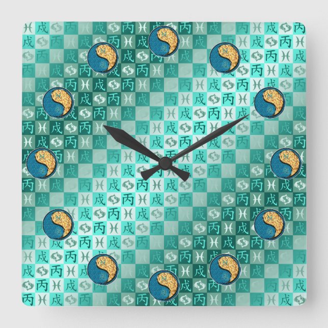 Pisces & Fire Dog Square Wall Clock (Front)