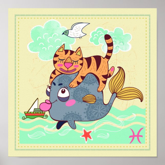 Pisces Fish Cat Zodiac Nursery Print (Front)