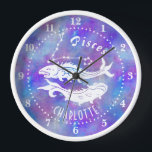 Pisces Fish Constellation Stars Name Birthday Gift Clock<br><div class="desc">This fun wall clock makes the perfect gift for anyone born under the zodiac sign Pisces. It includes two vintage fish, plus the constellation and space for the birthday person's name, all in white on a purple-pink starry background. Just use the easy template to add your personalized name. DESIGN TIP:...</div>
