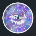 Pisces Fish Constellation Stars Name Birthday Gift Clock<br><div class="desc">This fun wall clock makes the perfect gift for anyone born under the zodiac sign Pisces. It includes two vintage fish, plus the constellation and space for the birthday person's name, all in white on a purple-pink starry background. Just use the easy template to add your personalized name. DESIGN TIP:...</div>