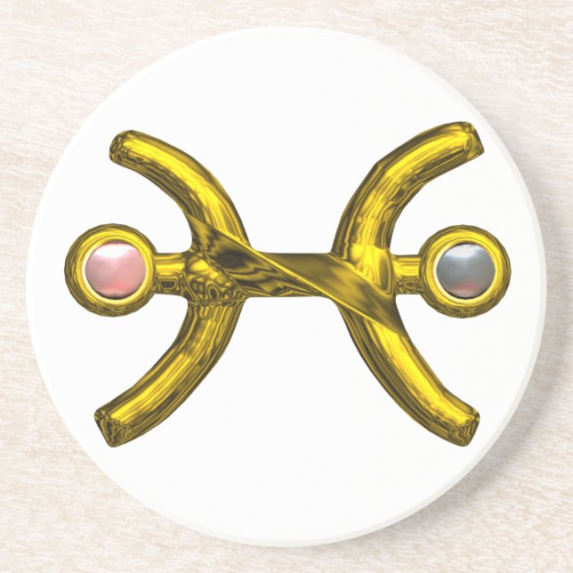 PISCES GOLD ZODIAC BIRTHDAY JEWEL White Pink Pearl Coaster (Front)