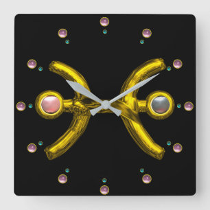 PISCES GOLD ZODIAC BIRTHDAY JEWEL WITH PEARL,Black Square Wall Clock